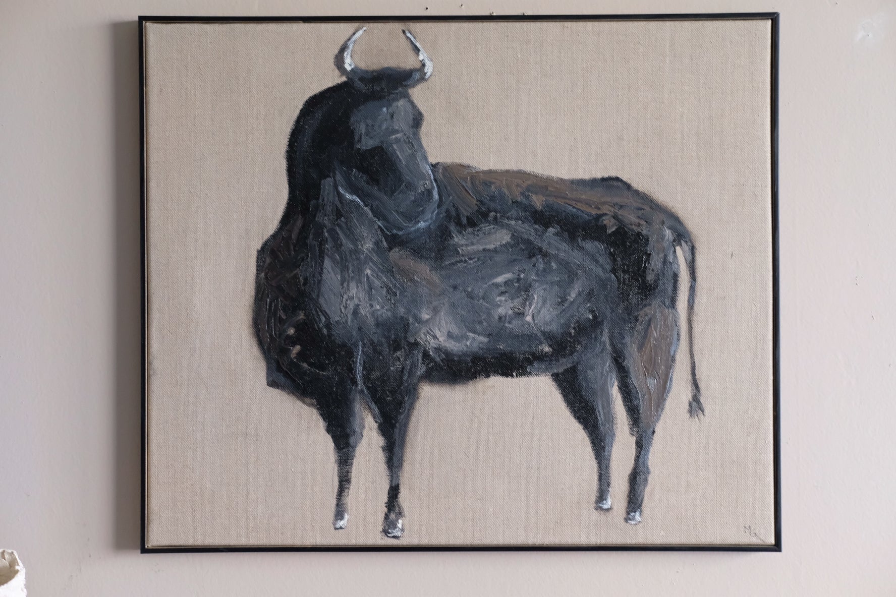 Bull, framed original oil painting.