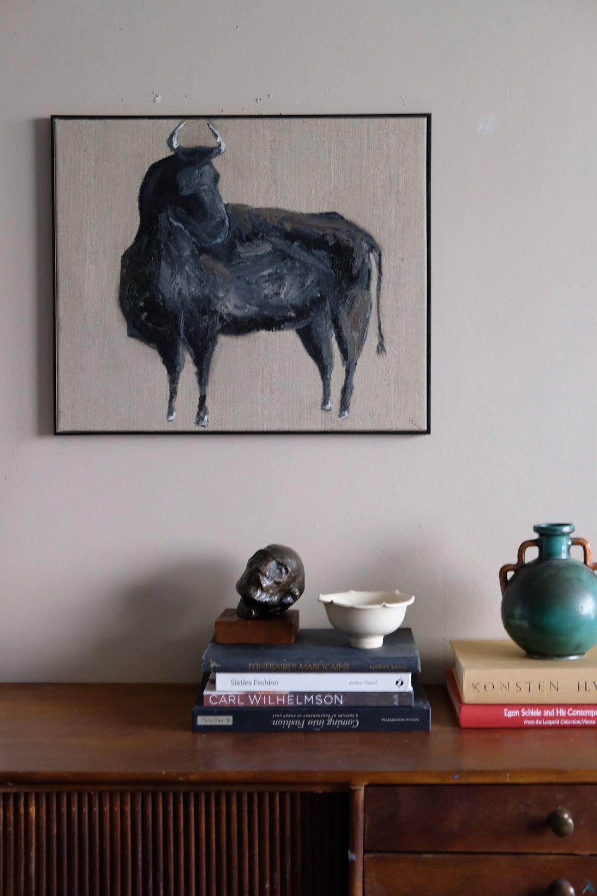 Bull, framed original oil painting.
