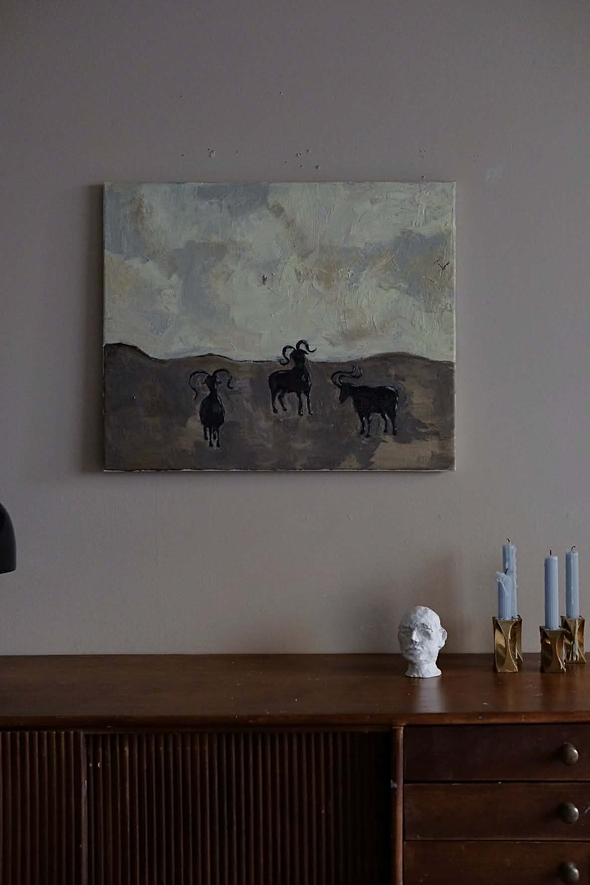 Goats, framed original oil painting