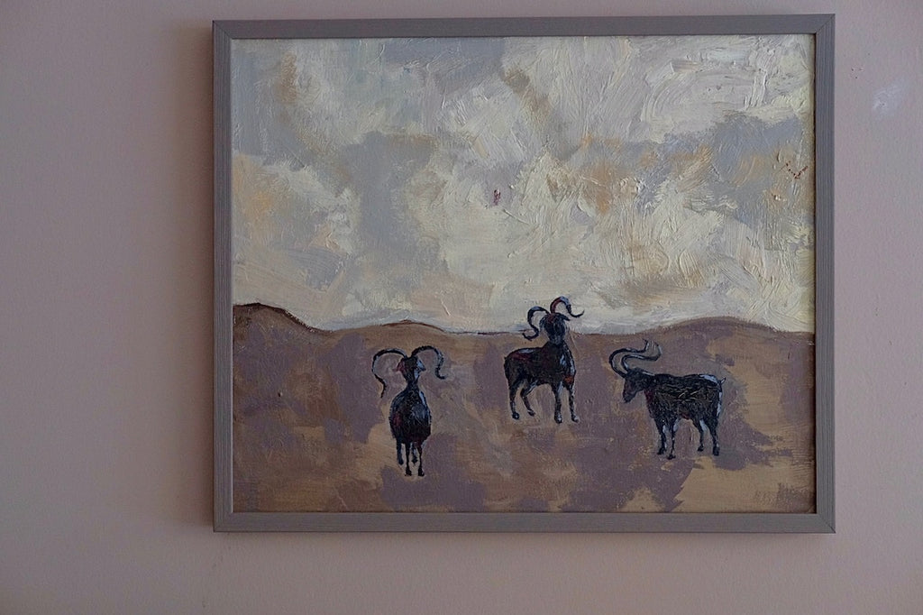Goats, framed original oil painting