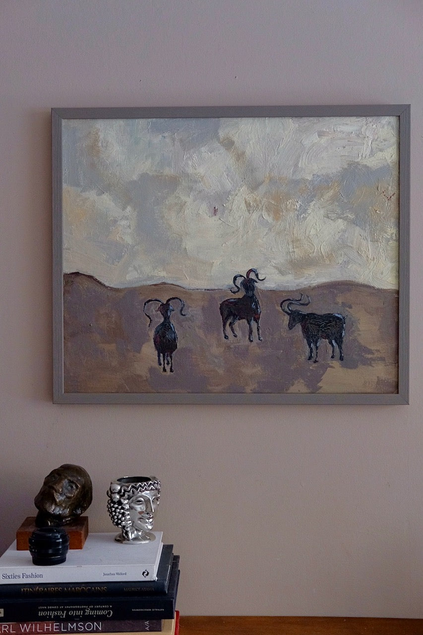 Goats, framed original oil painting