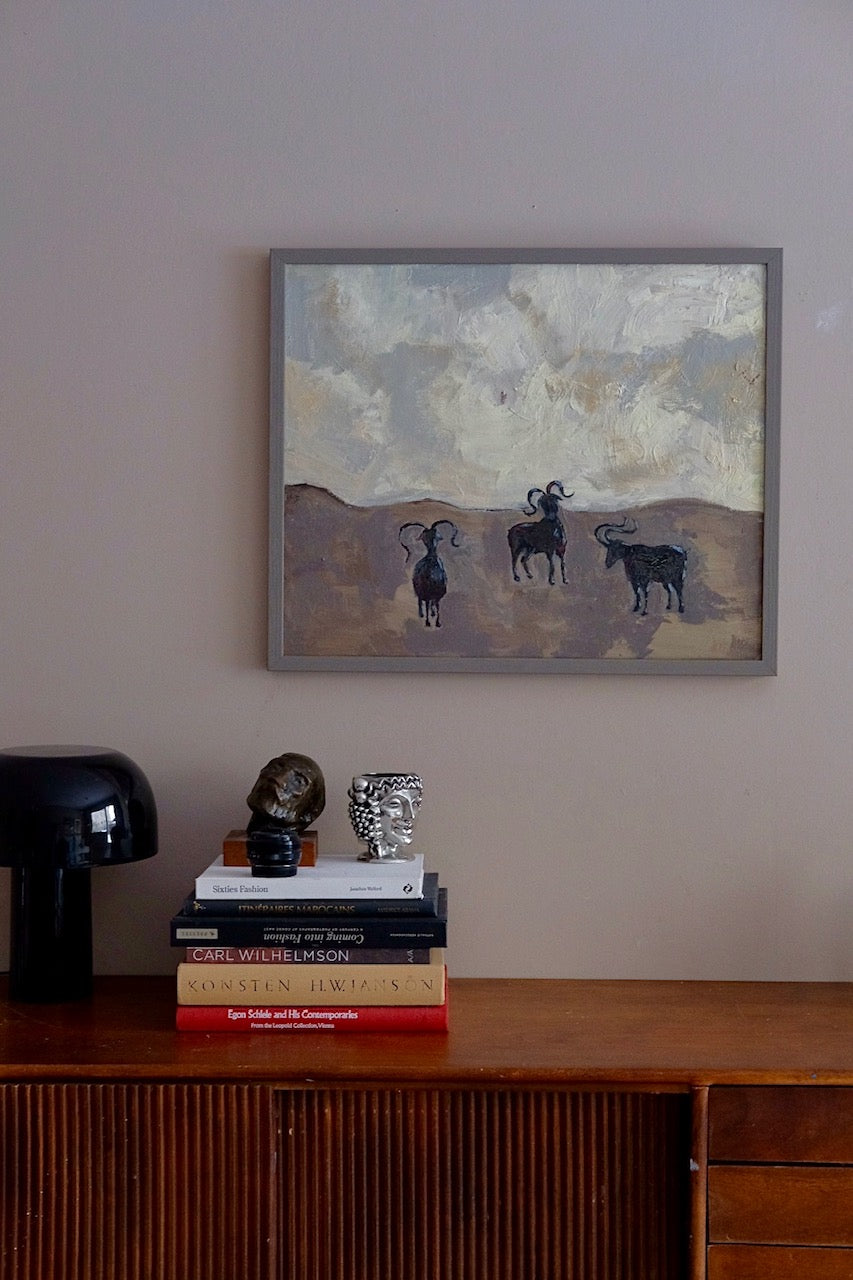 Goats, framed original oil painting