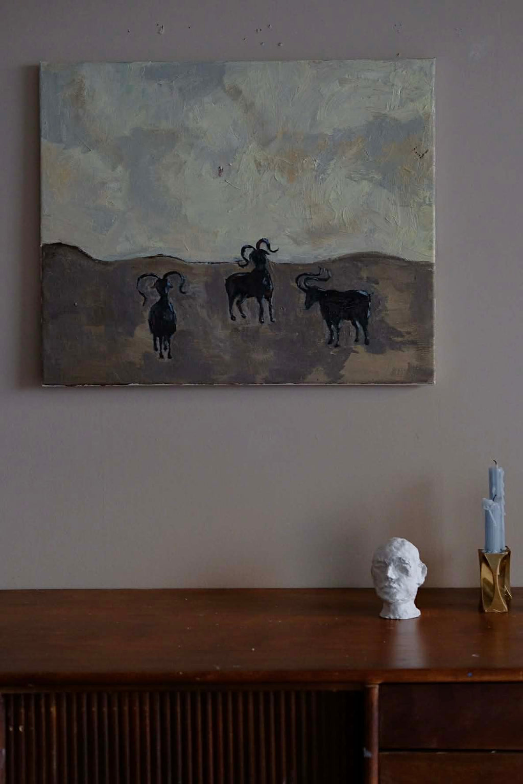 Goats, framed original oil painting